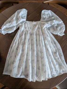 Storia White Dress with Blue Floral Print and Puff Sleeves